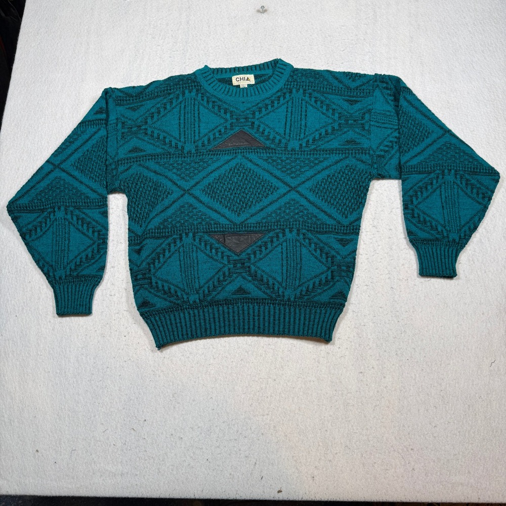 Vintage Chia Mens Teal Black Geometric Knit Sweater Leather Patch Crewneck Large